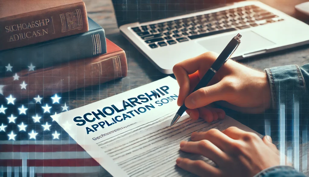 A student's hand holding a scholarship application form, with books and a laptop in the background.