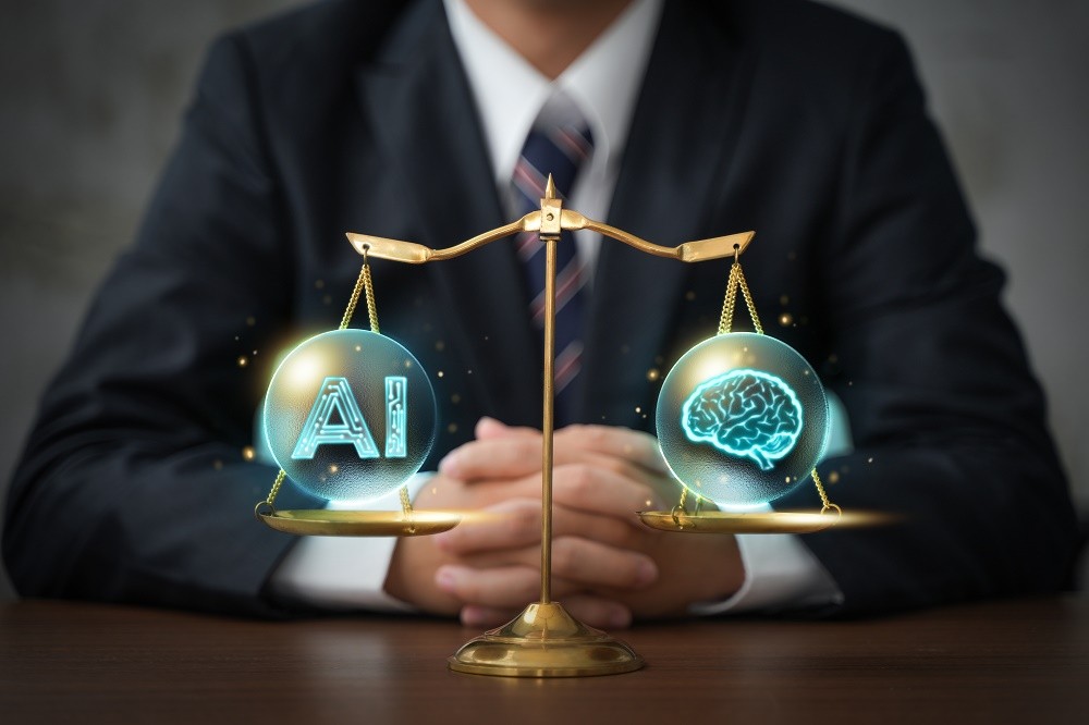 A person at a table with a scale balancing an AI logo and a brain.