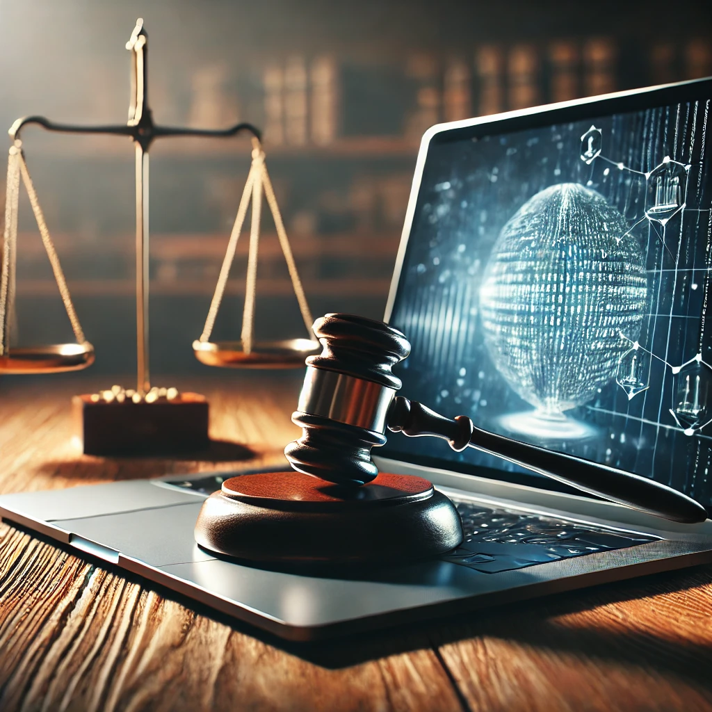 A laptop placed on a wooden table with a judge's gavel resting on it, symbolizing legal authority. In the background, a transparent glass scale of justice is visible, representing balance and fairness in legal matters.