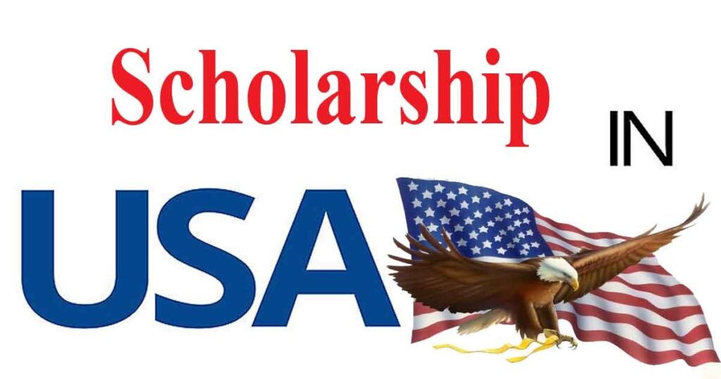 Full Scholarship in USA with an eagle emerging from the USA flag.