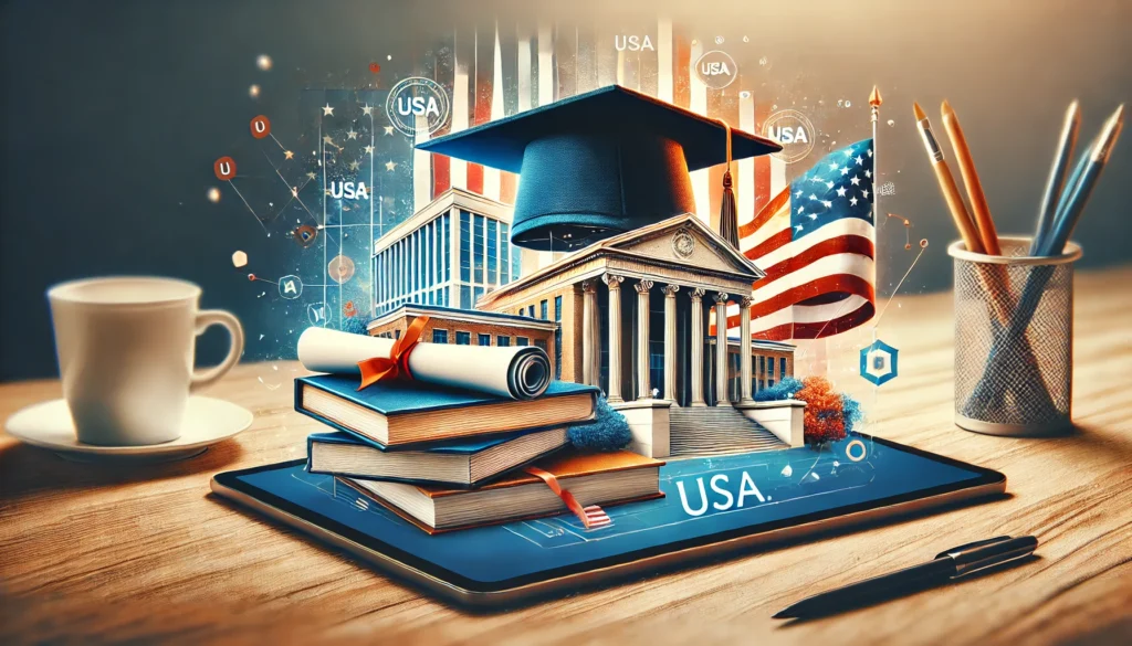 A professional featured image depicting a graduation cap, books, and a diploma placed on a wooden desk, with an abstract overlay of the USA flag and hints of university architecture in the background, symbolizing academic achievement and scholarships in the USA.