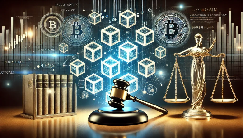 A modern and futuristic image depicting blockchain symbols like interconnected blocks alongside legal elements such as a gavel and scales of justice, set against a glowing digital network background.