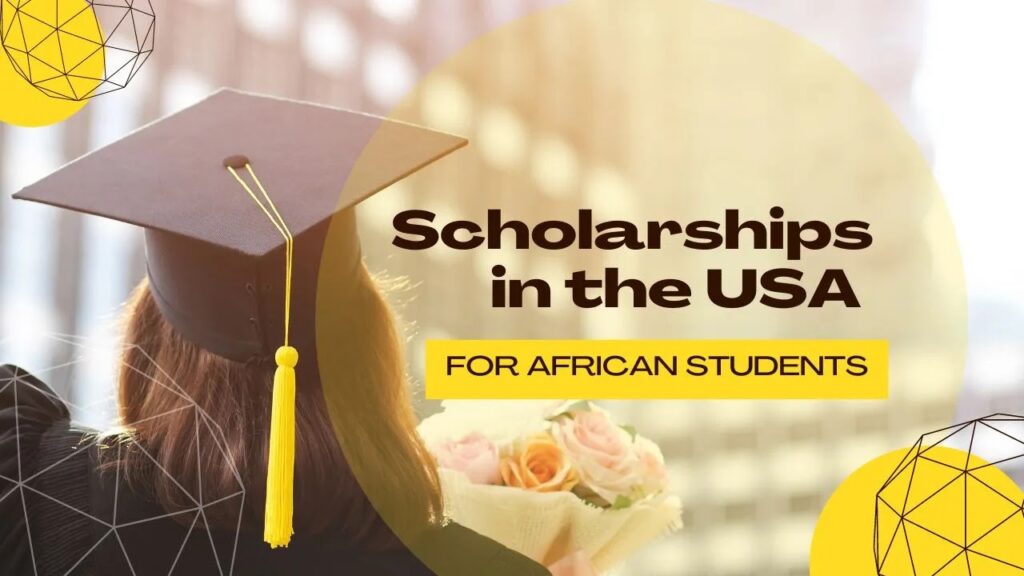 A young woman wearing a graduation cap, holding a bouquet of flowers, celebrating her success with a text overlay that reads, “Scholarships in USA for African Students.