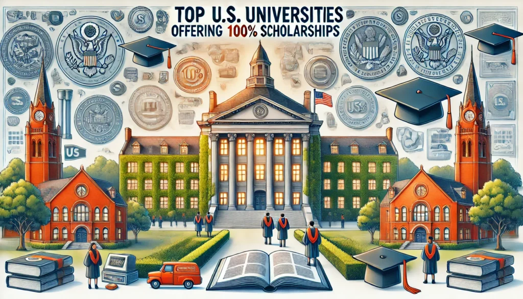 A large university building with girls dressed in hats, holding books, and the text "Top U.S. Universities Offering 100% Scholarships" in the center.