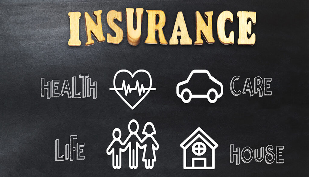 Animated image featuring a heart, car, house, and family, each labeled with 'Health,' 'Car,' 'House,' and 'Life,' with 'Insurance' written at the top.