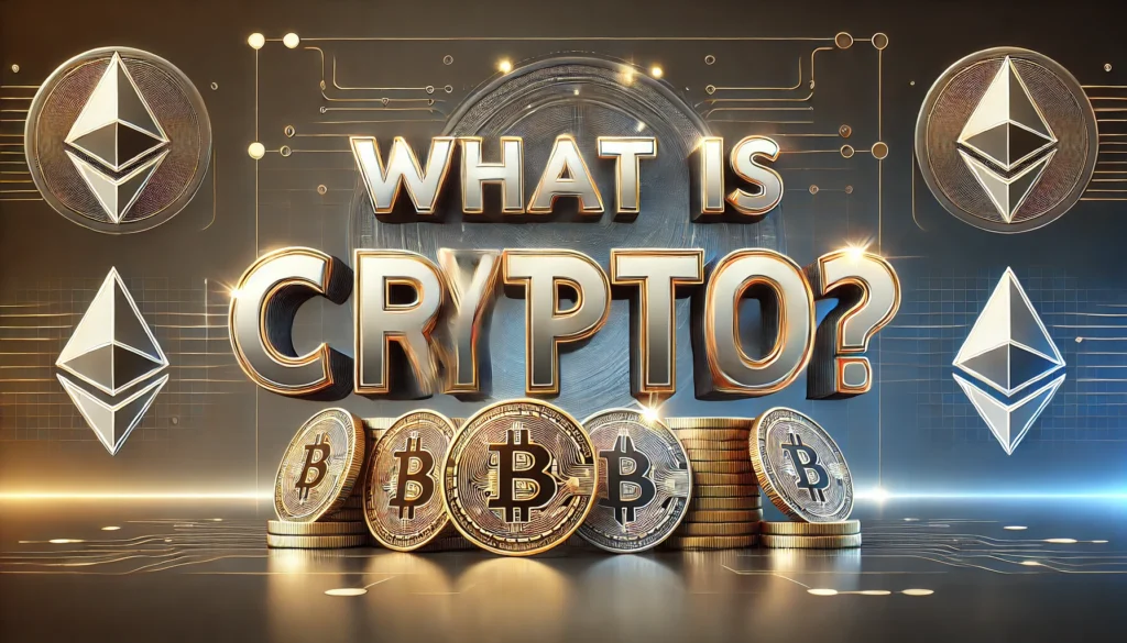 Text "What Is Crypto?" with Bitcoin and Ethereum coins on a futuristic background.