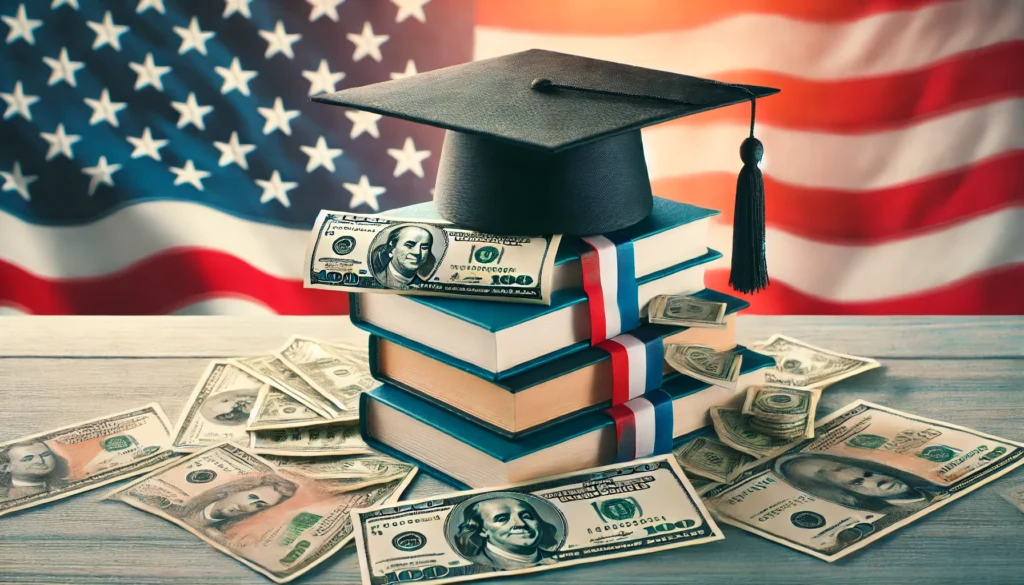 Scholarships for undergraduate and graduate students in the USA, represented by a graduation cap on books with U.S. dollar bills.