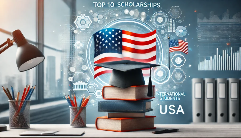 Graduation cap, American flag, books, and diploma representing USA scholarships.