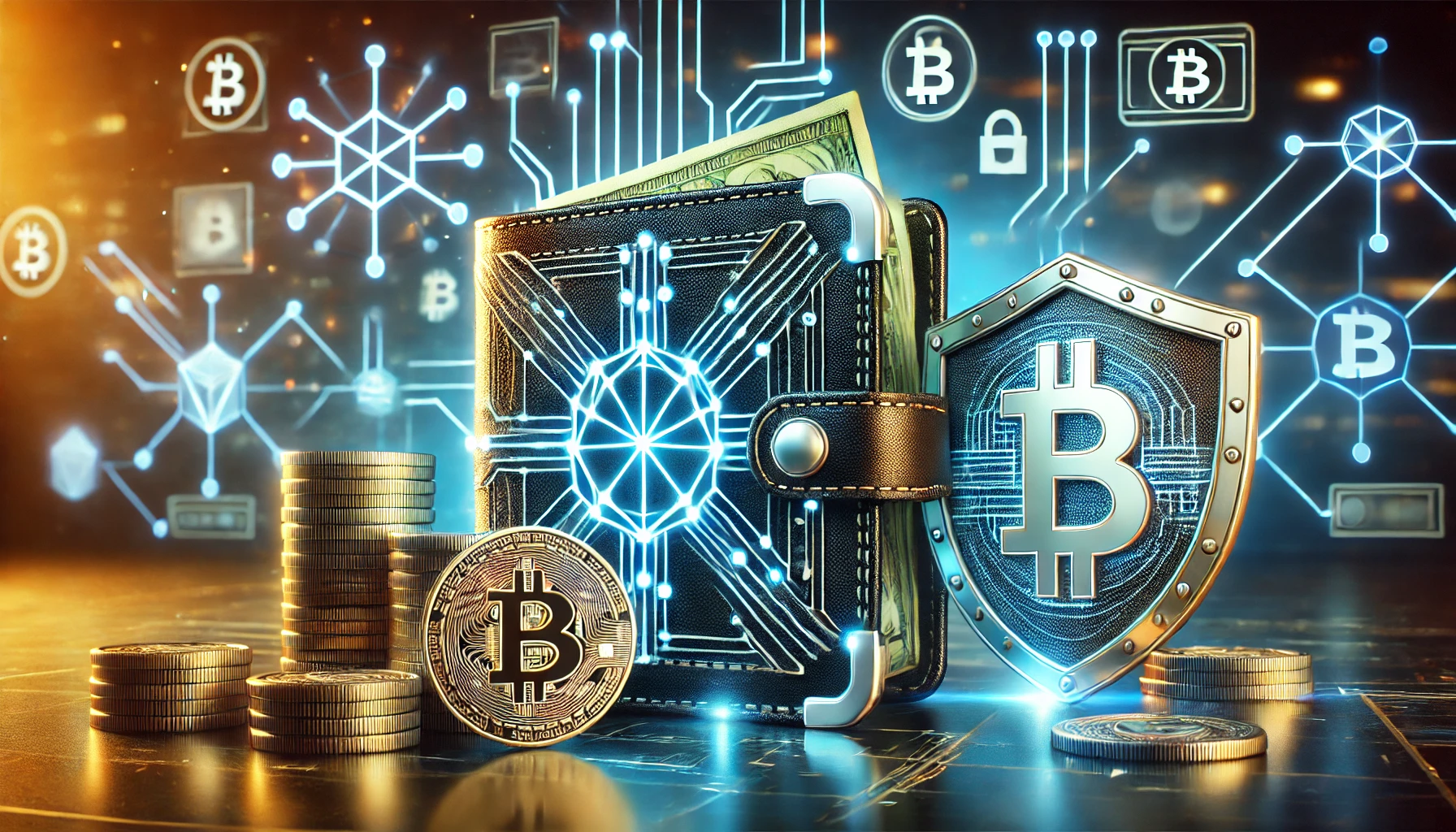 Futuristic digital crypto wallet with a security shield and glowing blockchain connections.