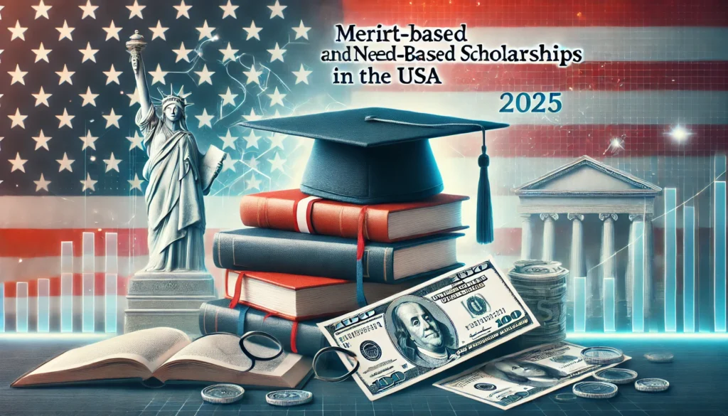 USA Merit-Based and Need-Based Scholarships 2025 – Graduation cap, diploma, books, and financial aid with American flag background.